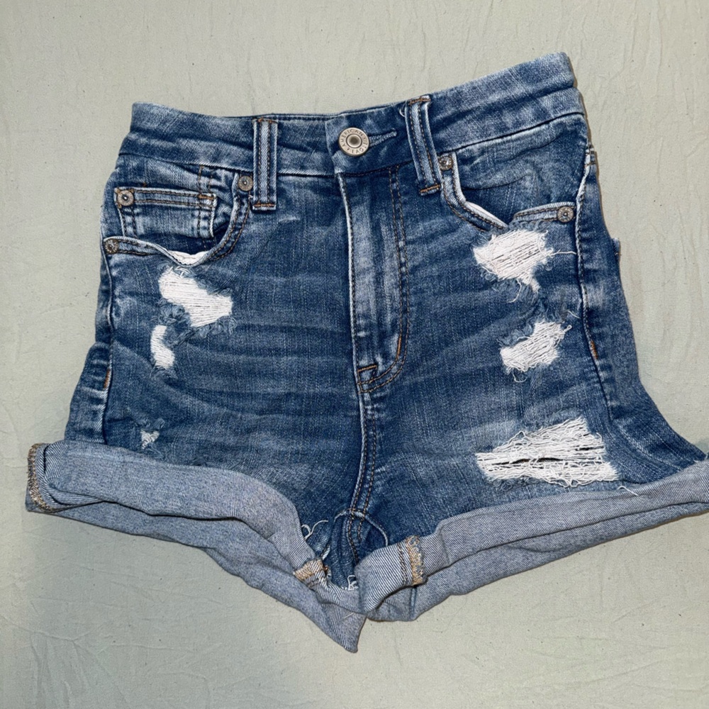 American Eagle Outfitters Curvy Hi-rise Shortie Blue Distressed Jean Shorts
